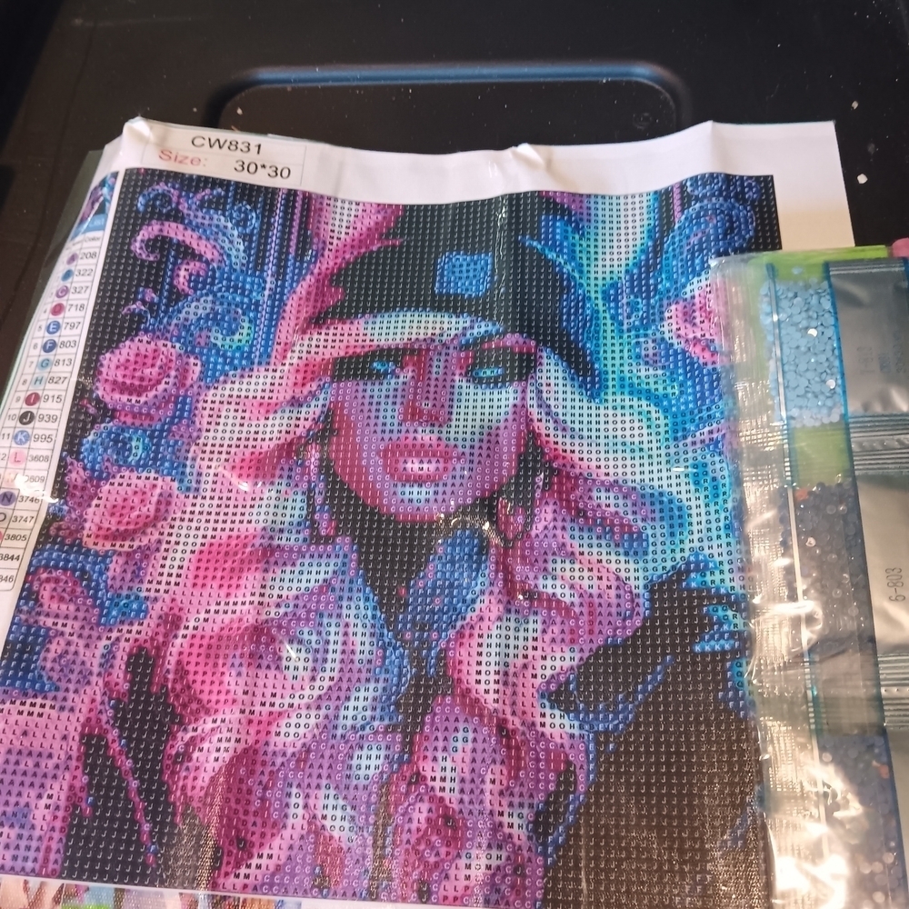 Vibrant Diamond Art Kit with Pink and Blue Hue Hair Girl and Roses 30x30
